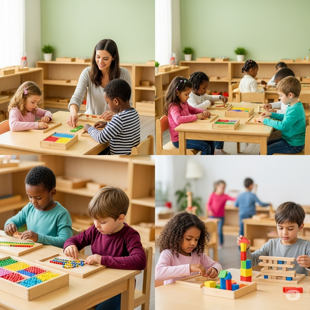 A vibrant and inviting Montessori classroom setup, featuring a variety of carefully curated learning materials arranged on low shelves accessible to children. Natural light streams through large windows, illuminating colorful educational toys and activity areas. Soft, natural materials like wood and cotton dominate the space, fostering a sense of calm and focus. Small tables and chairs are scattered throughout, encouraging collaborative play and independent learning. The walls are adorned with bright, engaging artwork and posters that cater to various developmental stages, promoting creativity and curiosity. A cozy reading nook with comfortable cushions is tucked away in a corner, inspiring a love of literature. The room emanates a sense of warmth, order, and gentle guidance, promoting self-directed learning and social interaction.