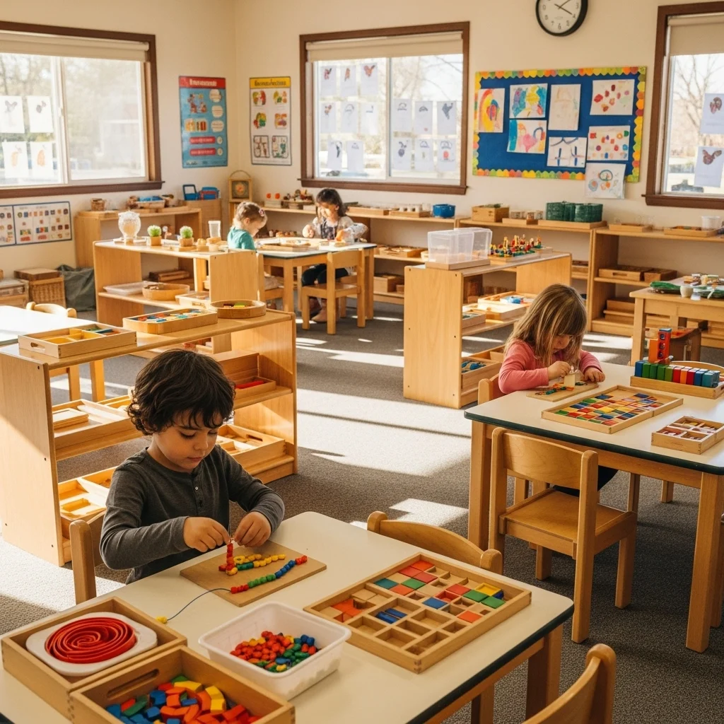 یک کلاس درس مونته سوری بزرگ و روشن با کودکان مشغول فعالیت‌های مختلف. یک پسر جوان با موهای قهوه‌ای تیره پشت یک میز کوچک نشسته و با دقت مهره‌های رنگارنگ را روی یک نخ می‌چیند. کودک دیگری، یک دختر با موهای قهوه‌ای روشن، در حال انجام یک درس ریاضی با استفاده از بلوک‌های چوبی رنگارنگ است. دیوارهای کلاس با پوسترهای آموزشی و آثار هنری رنگارنگ ساخته شده توسط کودکان تزئین شده است. مبلمان عمدتاً از چوب طبیعی ساخته شده است و یک محیط گرم و جذاب ایجاد می‌کند. مواد یادگیری مختلف، از جمله پازل‌ها، بلوک‌های ساختمانی و اسباب‌بازی‌های حسی، به طور مرتب روی قفسه‌های باز چیده شده‌اند. نور خورشید از پنجره‌های بزرگ می‌تابد و درخششی گرم را در سراسر اتاق ایجاد می‌کند. فضای کلی، فضای یادگیری آرام و هدفمند است، جایی که کودکان آزادانه علایق خود را کشف می‌کنند و پتانسیل خود را در یک محیط محرک و حمایتی توسعه می‌دهند.